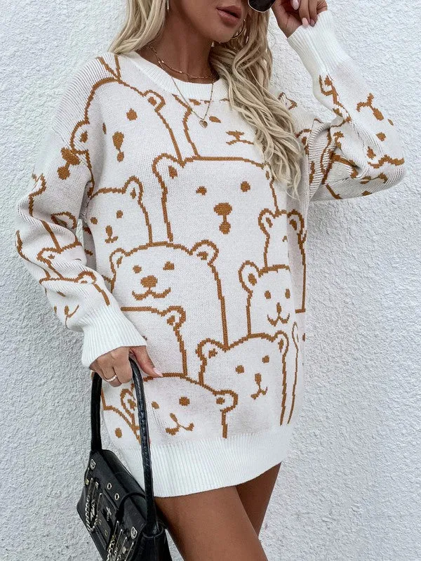 TEEK - Bear Crowd Long Sleeve Round Neck Pullover Sweater