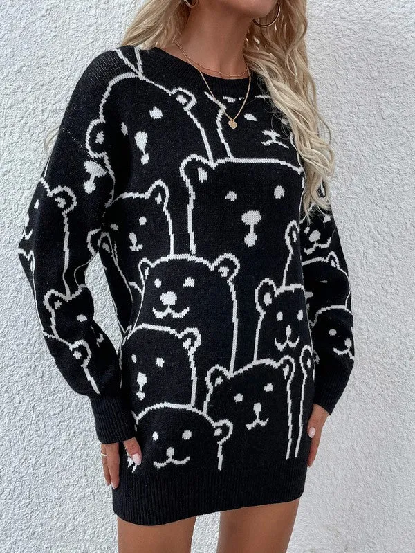 TEEK - Bear Crowd Long Sleeve Round Neck Pullover Sweater