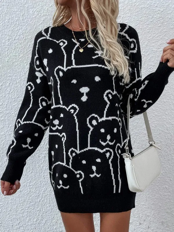 TEEK - Bear Crowd Long Sleeve Round Neck Pullover Sweater