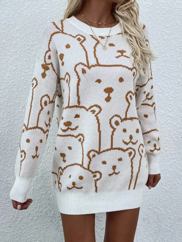 TEEK - Bear Crowd Long Sleeve Round Neck Pullover Sweater