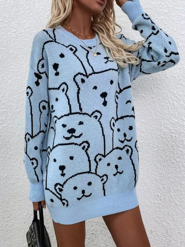 TEEK - Bear Crowd Long Sleeve Round Neck Pullover Sweater