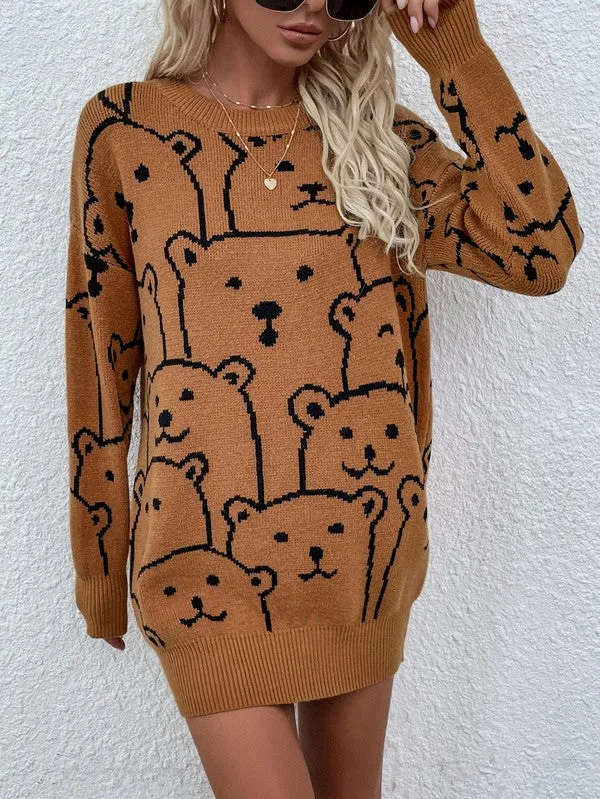 TEEK - Bear Crowd Long Sleeve Round Neck Pullover Sweater