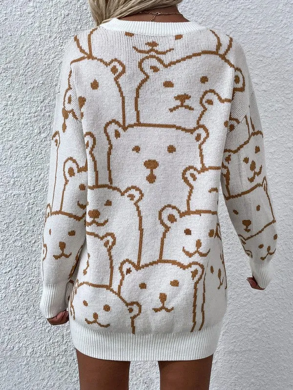 TEEK - Bear Crowd Long Sleeve Round Neck Pullover Sweater