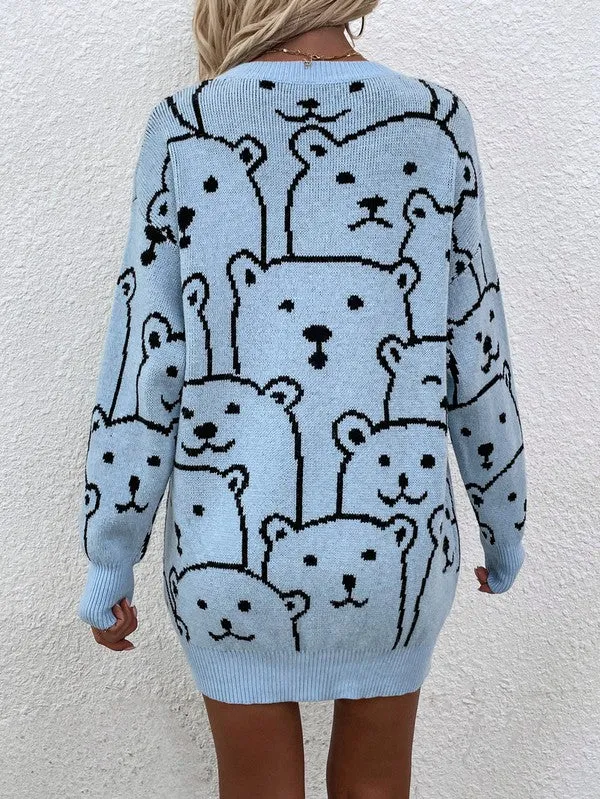 TEEK - Bear Crowd Long Sleeve Round Neck Pullover Sweater