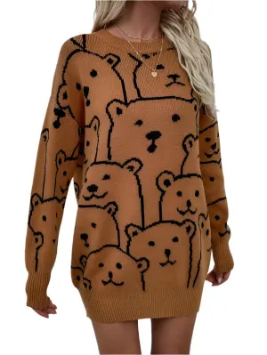 TEEK - Bear Crowd Long Sleeve Round Neck Pullover Sweater