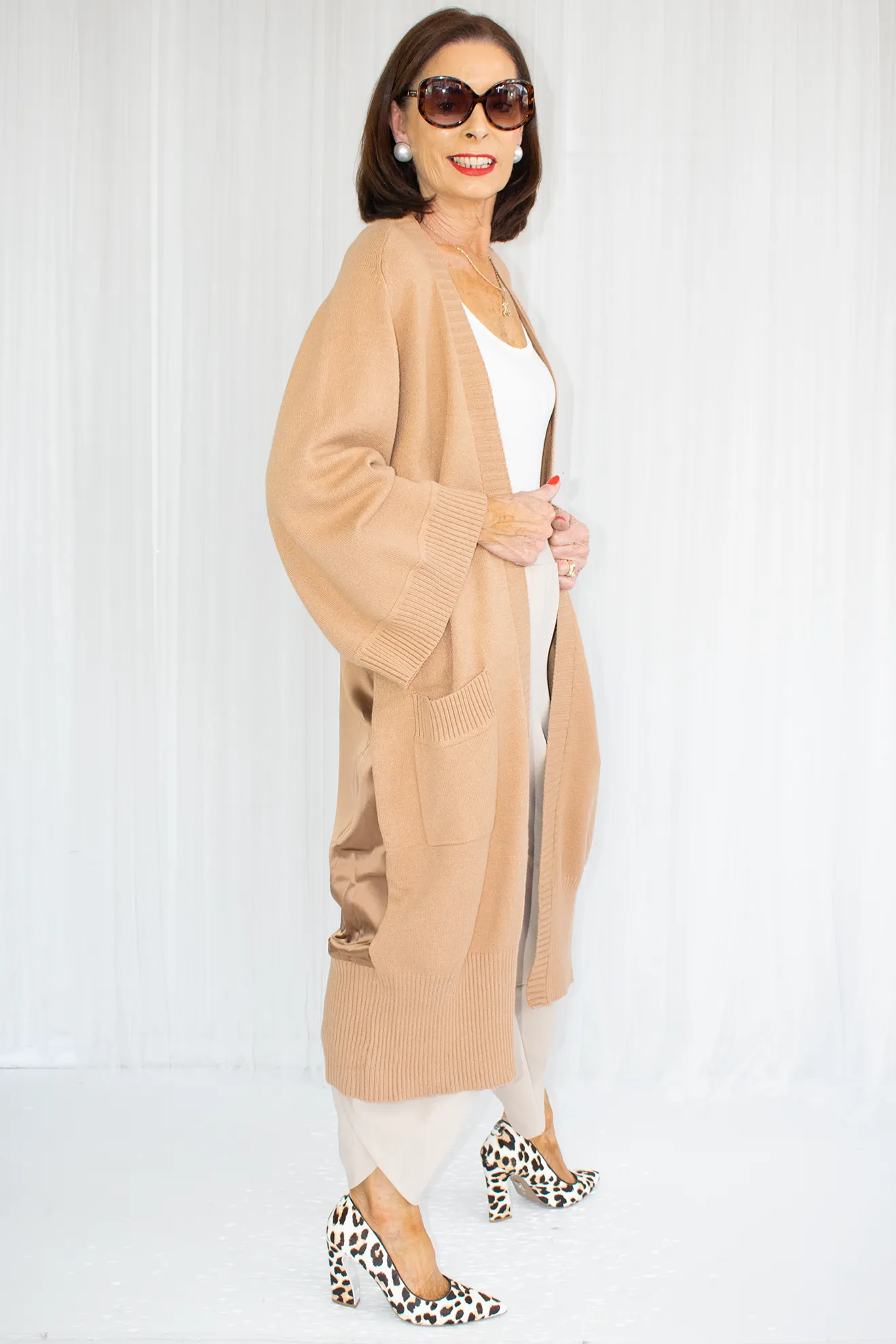 Thea wide sleeve Longline Cardigan with Satin back in Camel