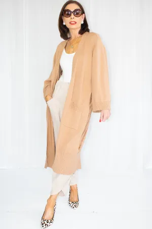 Thea wide sleeve Longline Cardigan with Satin back in Camel