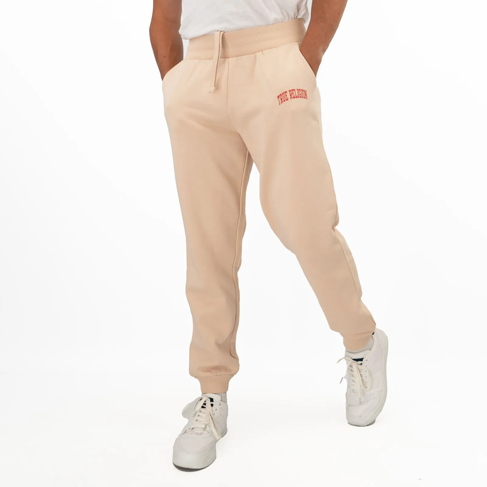 True Religion Mens Beige Red Logo Fleeced Jogger Sweatpants