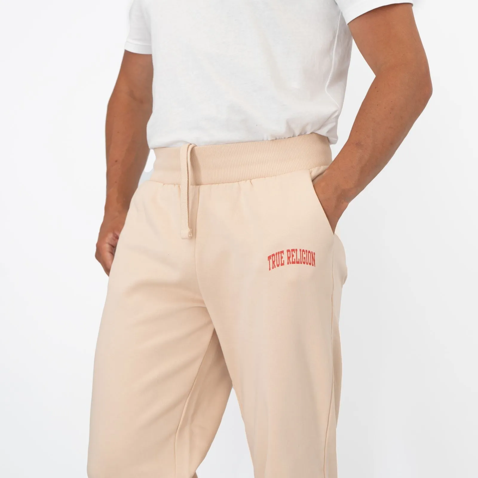 True Religion Mens Beige Red Logo Fleeced Jogger Sweatpants