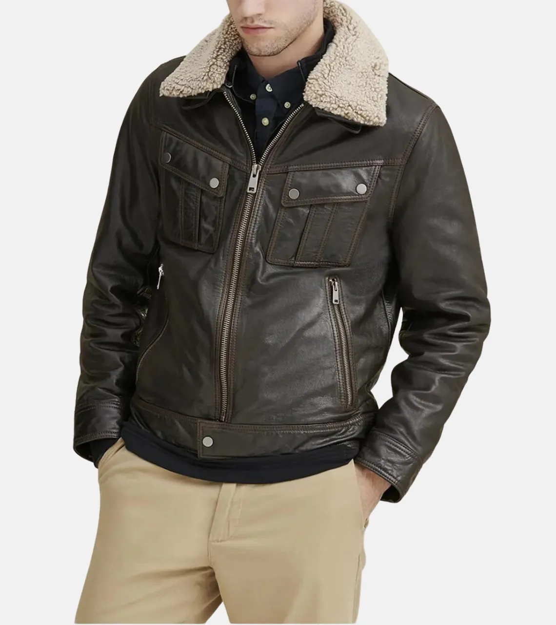 Truker Shearling Collar Men's Leather Jacket