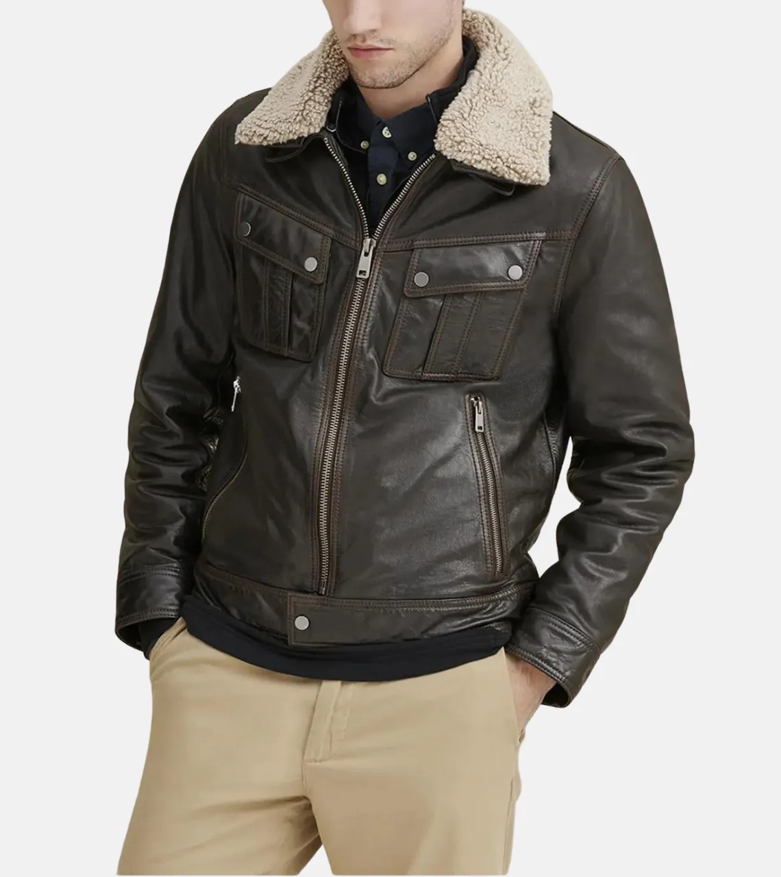 Truker Shearling Collar Men's Leather Jacket