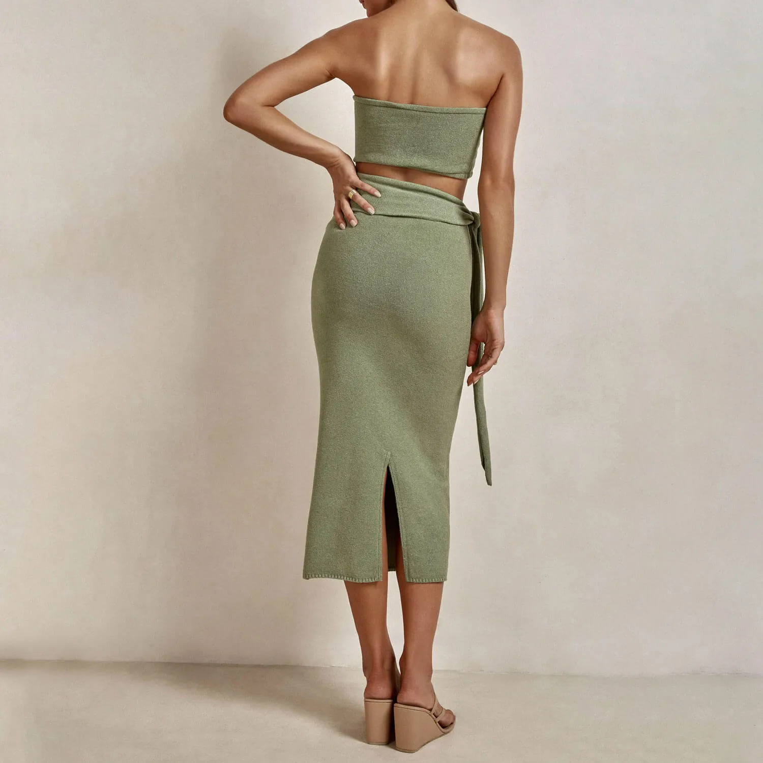 Versatile Strapless Cutout Tie Waist Bodycon Summer Sweater Midi Dress