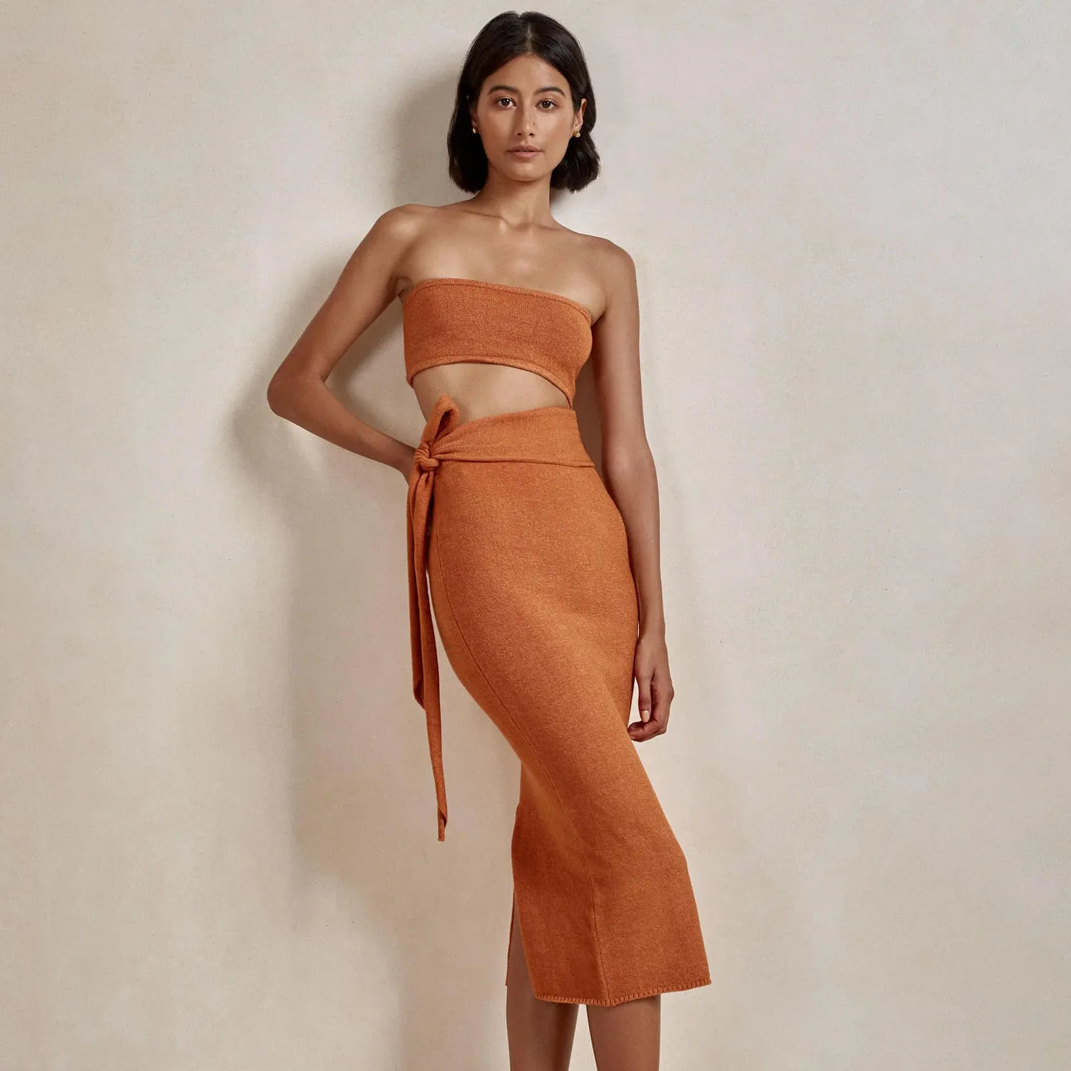 Versatile Strapless Cutout Tie Waist Bodycon Summer Sweater Midi Dress