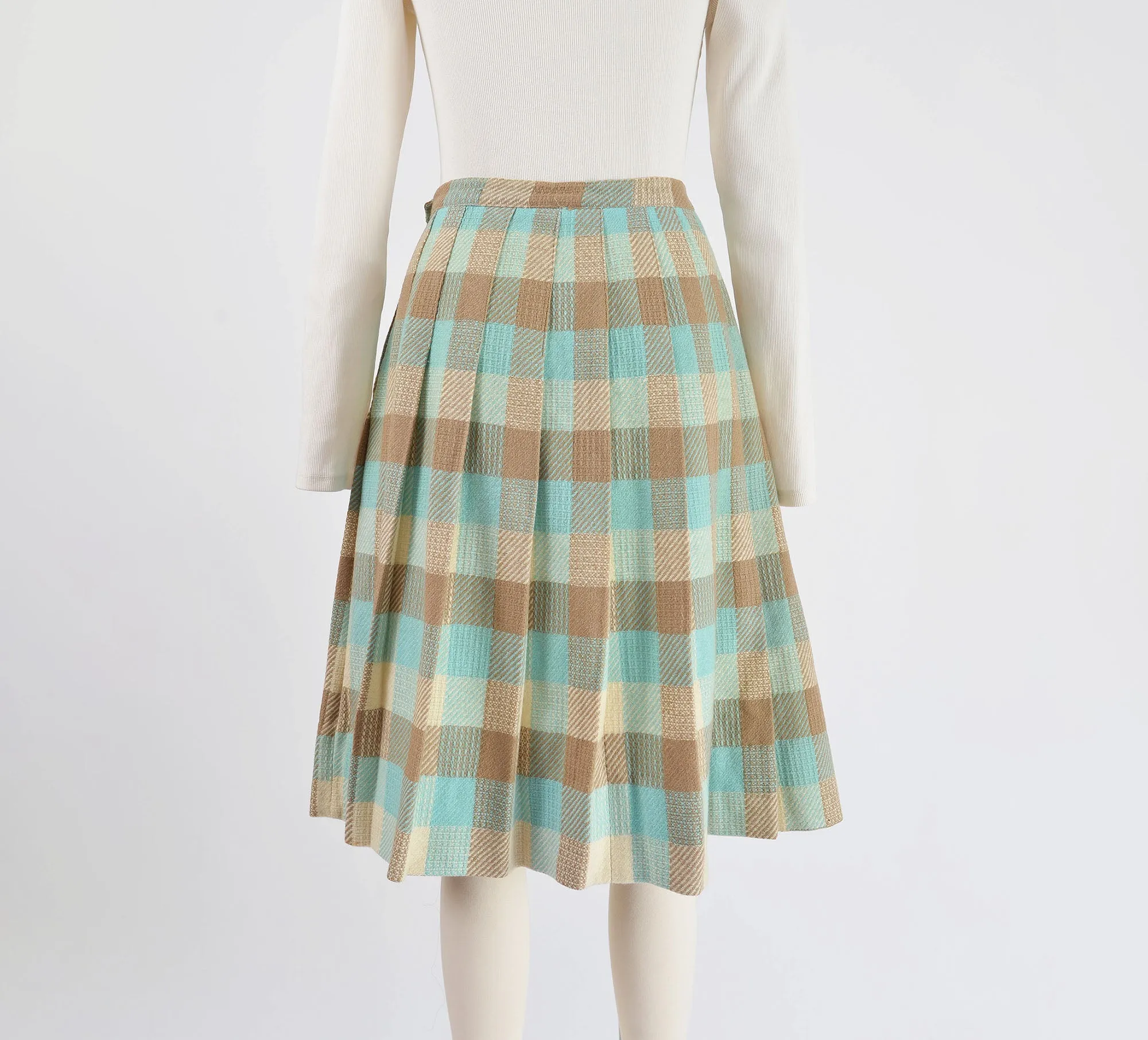 Vintage 50s Checkered Wool Knee Length Pleated Skirt size S