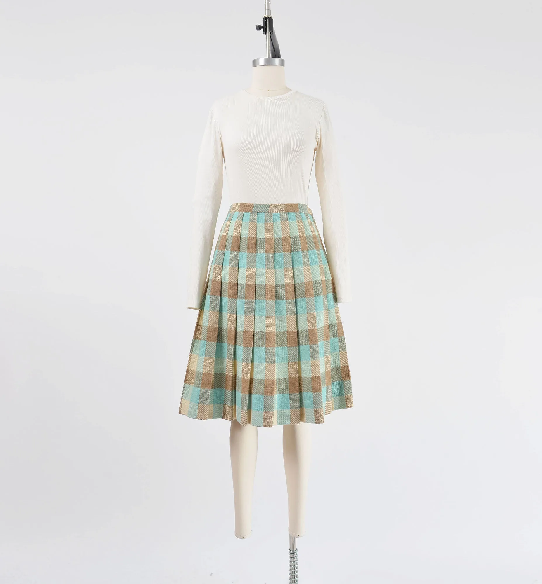 Vintage 50s Checkered Wool Knee Length Pleated Skirt size S