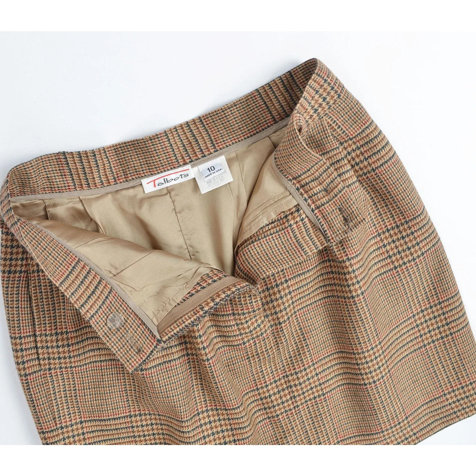 Vintage 80s Brown Plaid Wool Skirt High Waisted Pleated Front Mini Skirt with Pockets size M