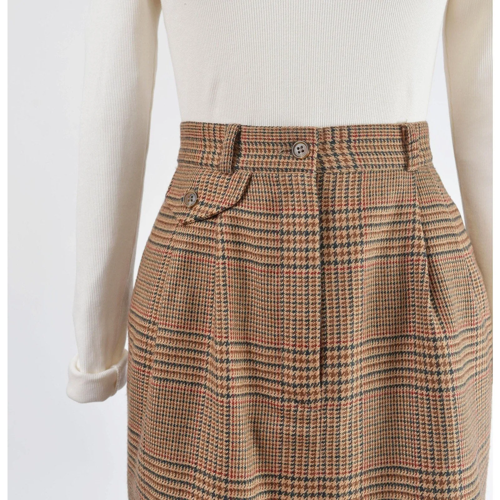 Vintage 80s Brown Plaid Wool Skirt High Waisted Pleated Front Mini Skirt with Pockets size M