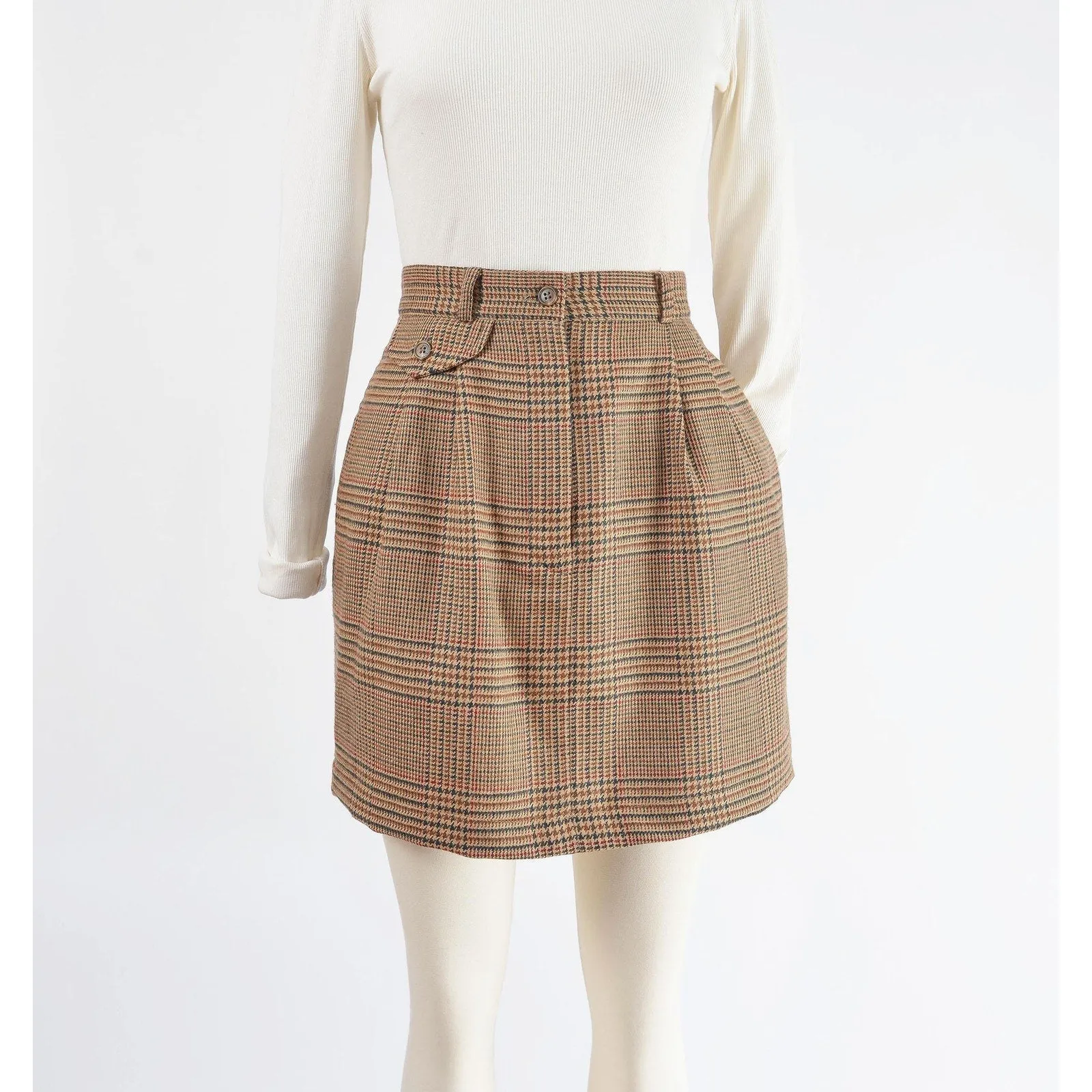 Vintage 80s Brown Plaid Wool Skirt High Waisted Pleated Front Mini Skirt with Pockets size M