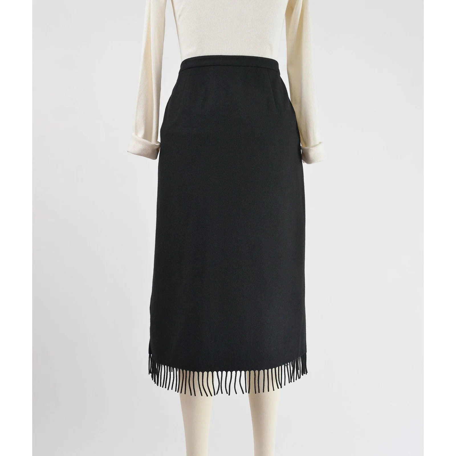 Vintage 90s Black Wool Fringe Skirt High Waisted Midi Length Pencil M