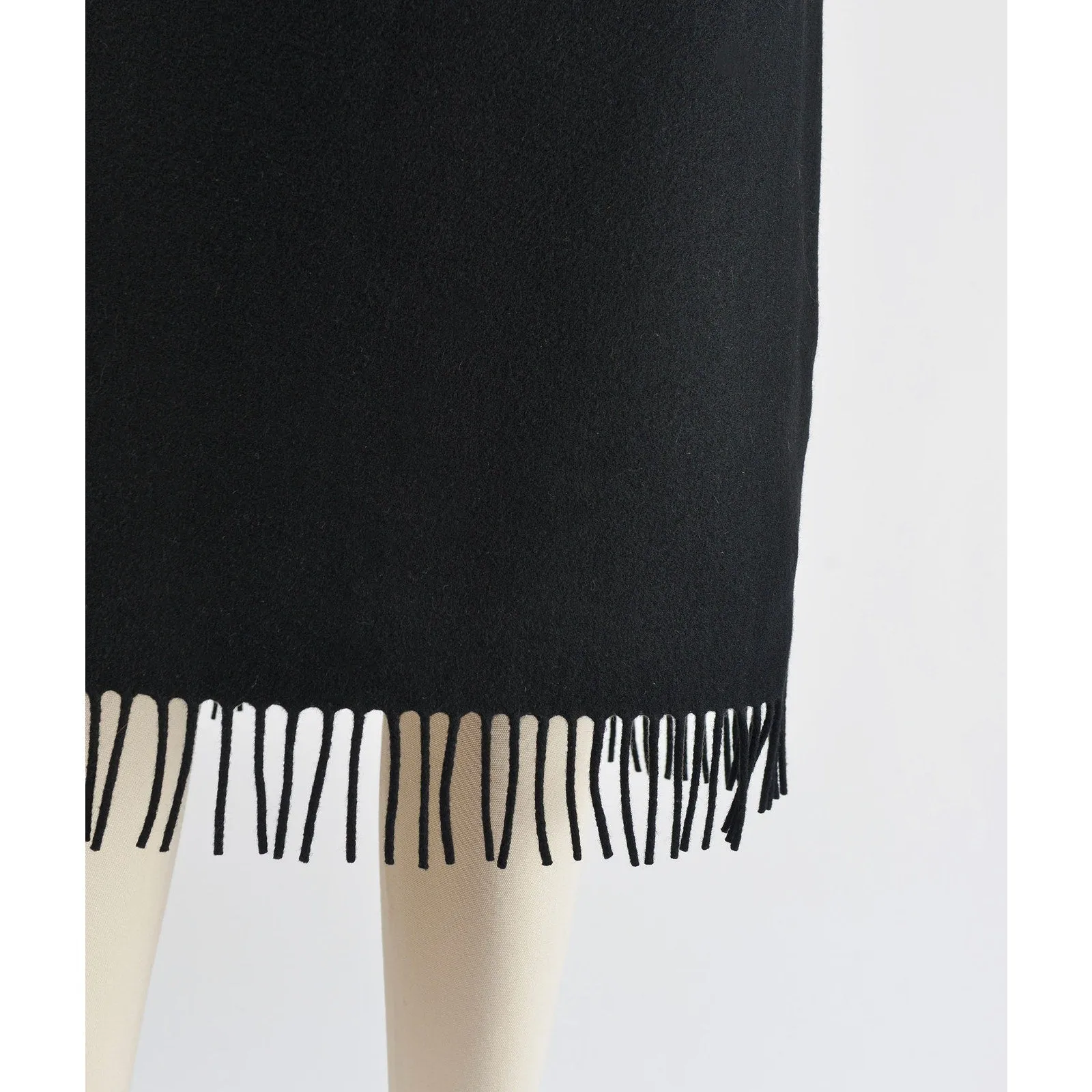 Vintage 90s Black Wool Fringe Skirt High Waisted Midi Length Pencil M