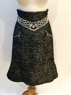 Vintage Chanel 02A, 2002 Fall Crystal Belted Dark Navy/White High Waist Skirt FR 40 US 2/4/6