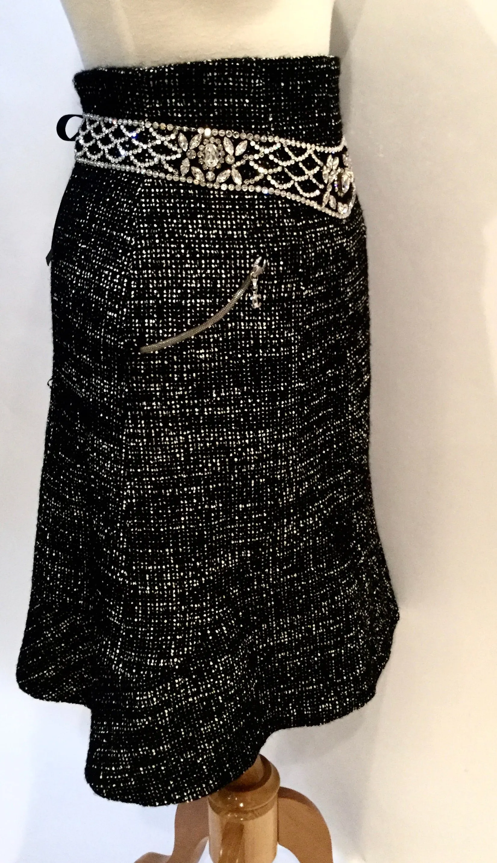 Vintage Chanel 02A, 2002 Fall Crystal Belted Dark Navy/White High Waist Skirt FR 40 US 2/4/6