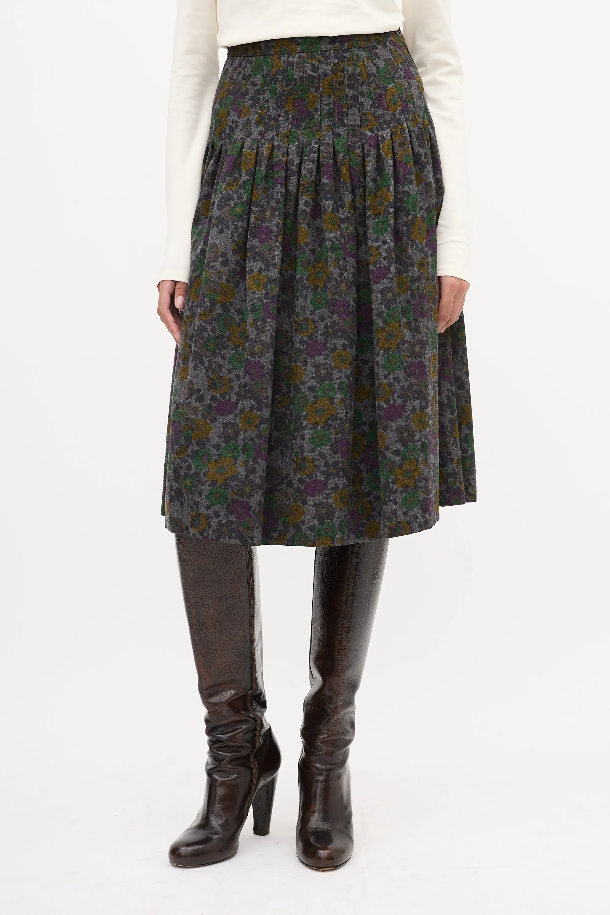 Vintage Dark Grey & Multi Wool Floral Skirt