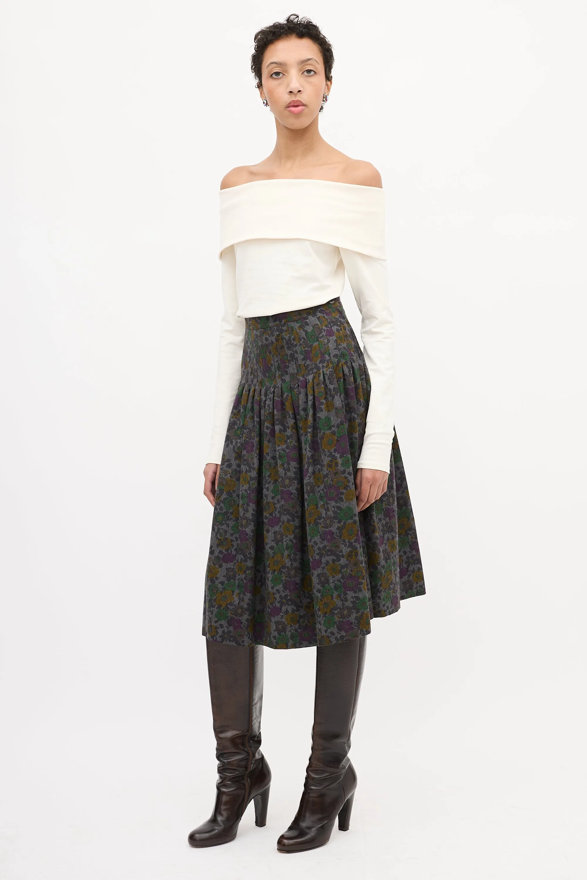 Vintage Dark Grey & Multi Wool Floral Skirt