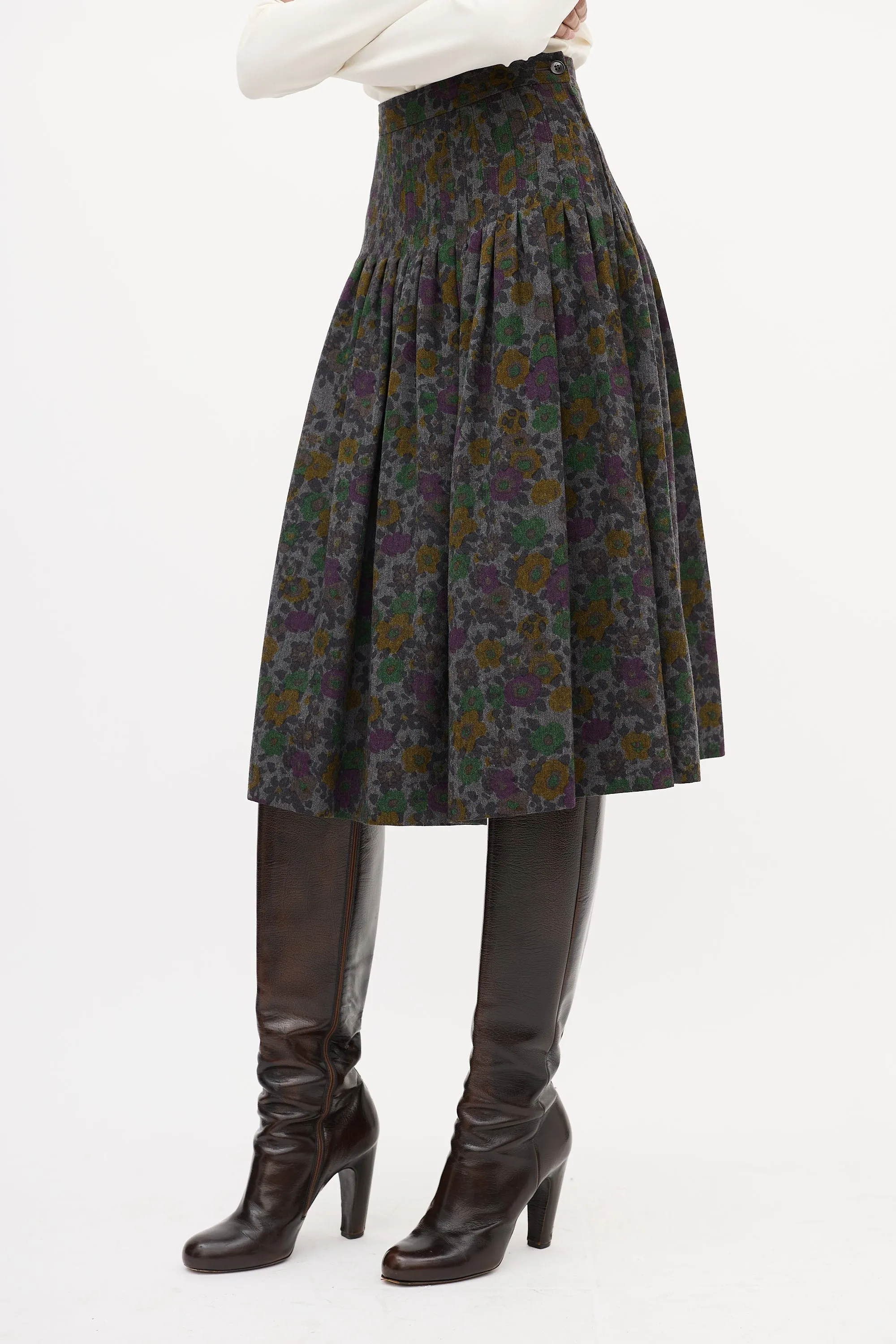 Vintage Dark Grey & Multi Wool Floral Skirt