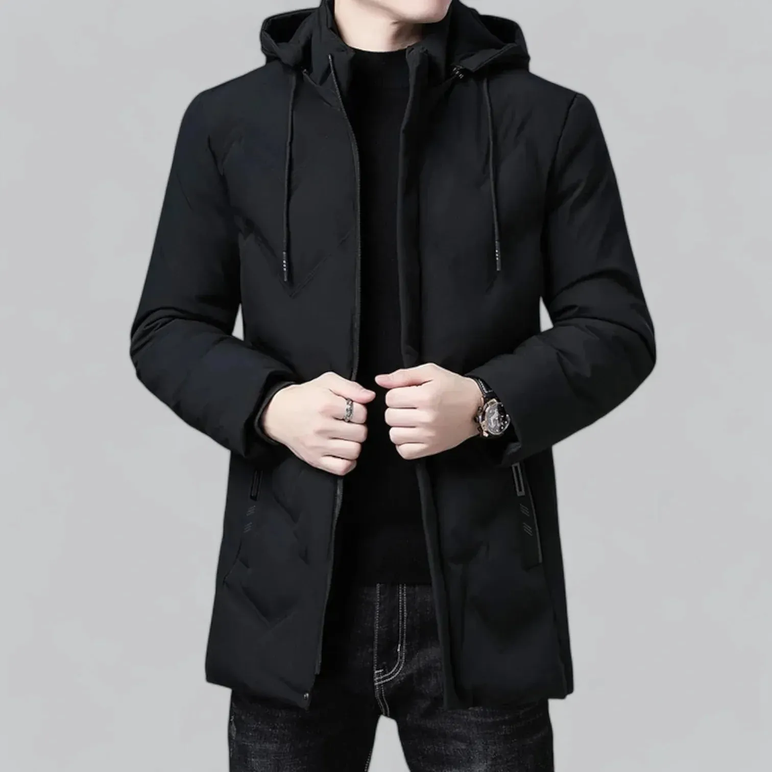 Warm Men's Quilted Coat with Adjustable Drawstrings