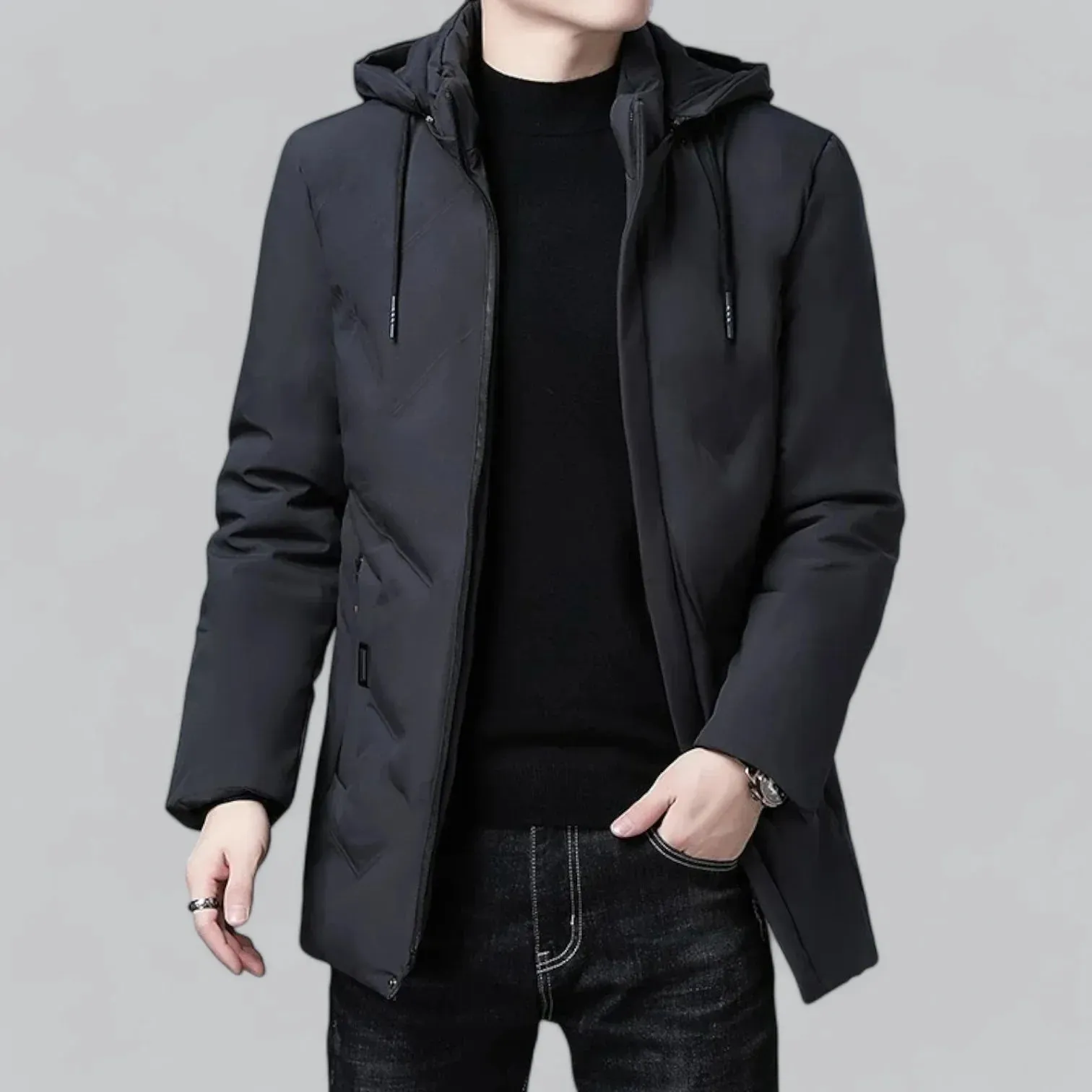 Warm Men's Quilted Coat with Adjustable Drawstrings