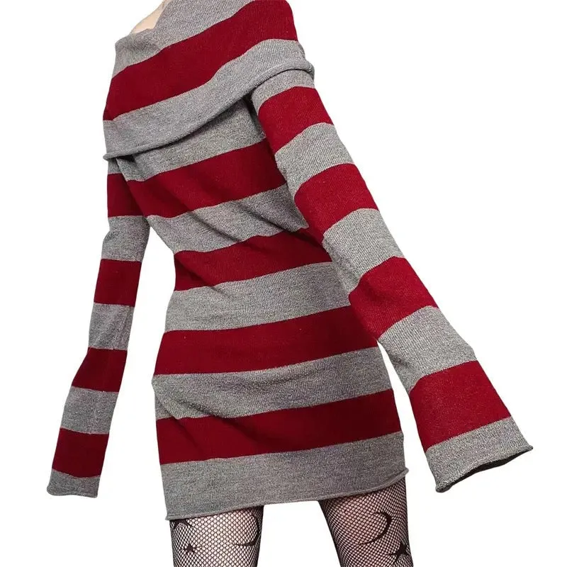 Wenkouban-Christmas Thanksgiving Gift New Year's Eve Dress party look inspos back to school dress  Knitted Off-Shoulder Long Sleeve Striped Mini Dress