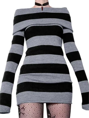 Wenkouban-Christmas Thanksgiving Gift New Year's Eve Dress party look inspos back to school dress  Knitted Off-Shoulder Long Sleeve Striped Mini Dress