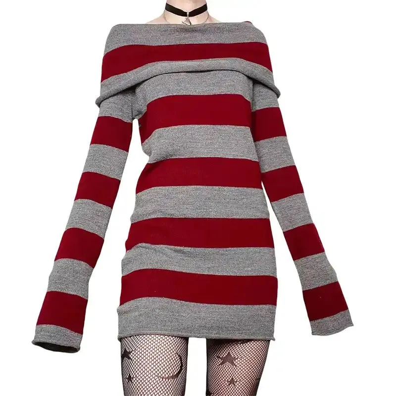 Wenkouban-Christmas Thanksgiving Gift New Year's Eve Dress party look inspos back to school dress  Knitted Off-Shoulder Long Sleeve Striped Mini Dress