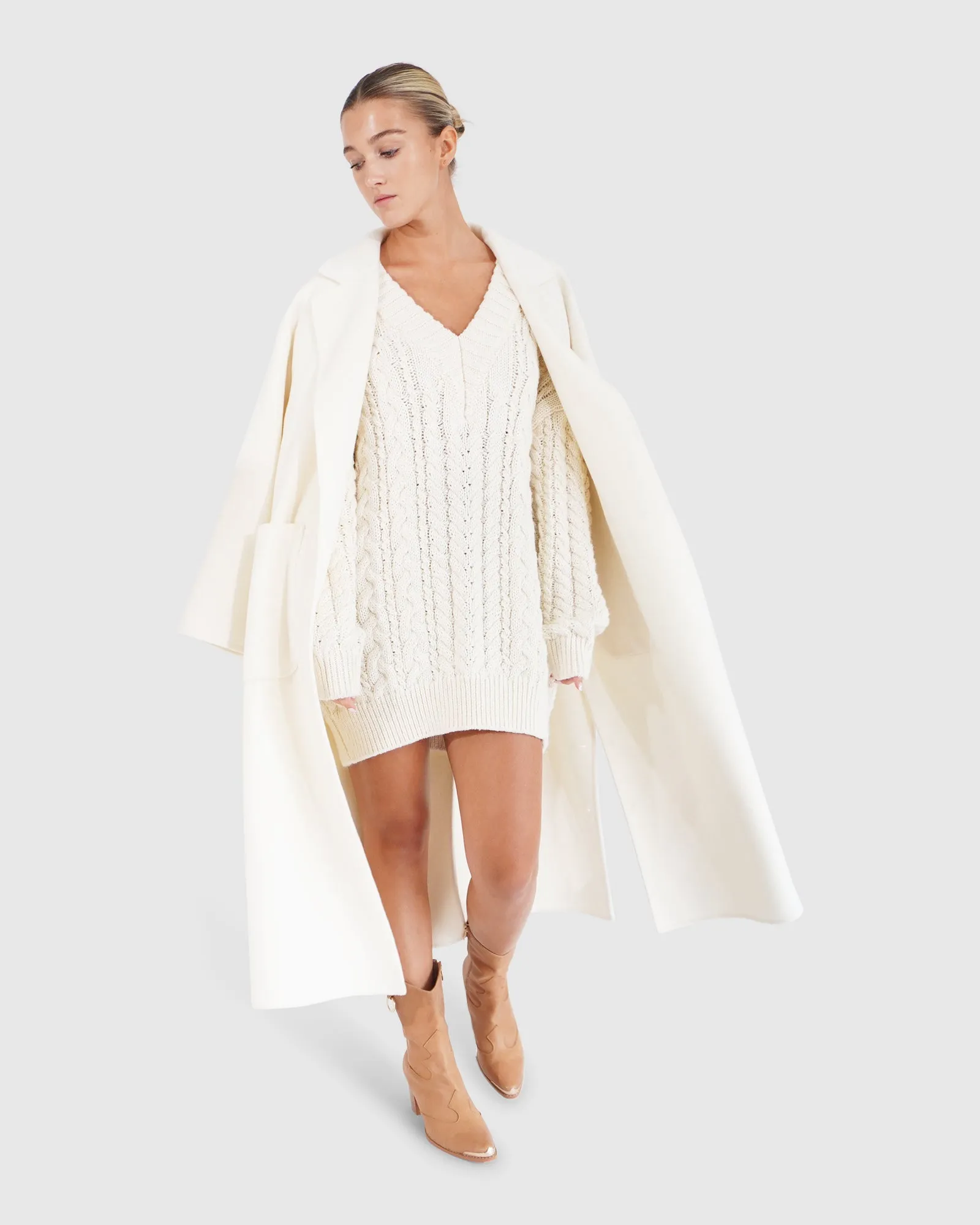 Wide Awake Split Hem Overcoat - Cream