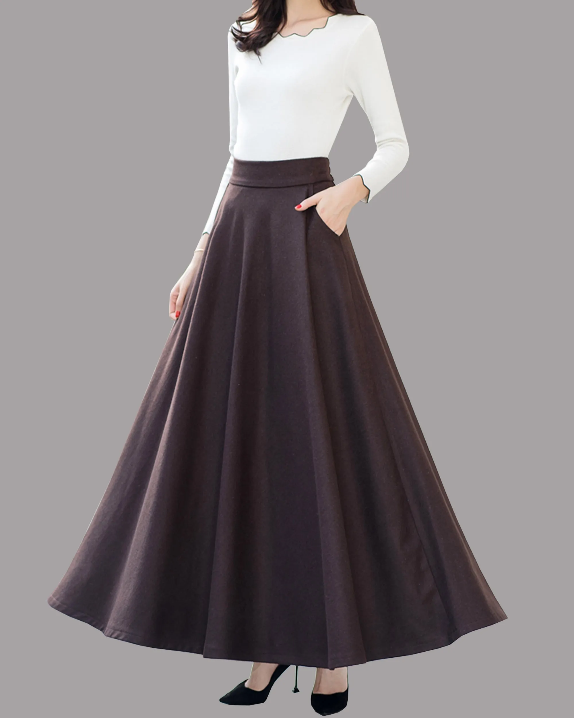 Winter skirt, wool skirt, black skirt, long wool skirt, vintage skirt, high waist skirt, wool maxi skirt, elastic waist skirt Q0015