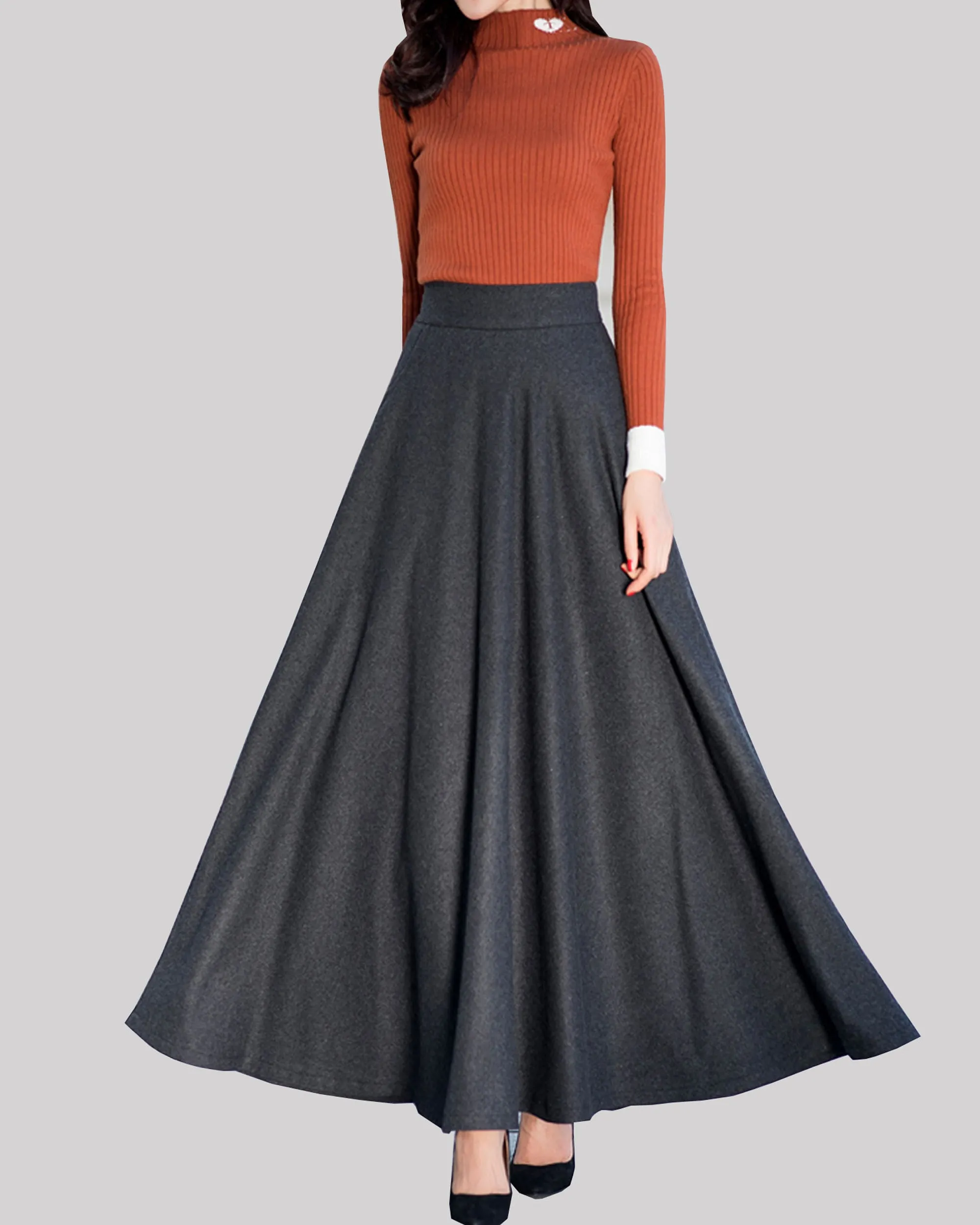 Winter skirt, wool skirt, black skirt, long wool skirt, vintage skirt, high waist skirt, wool maxi skirt, elastic waist skirt Q0015