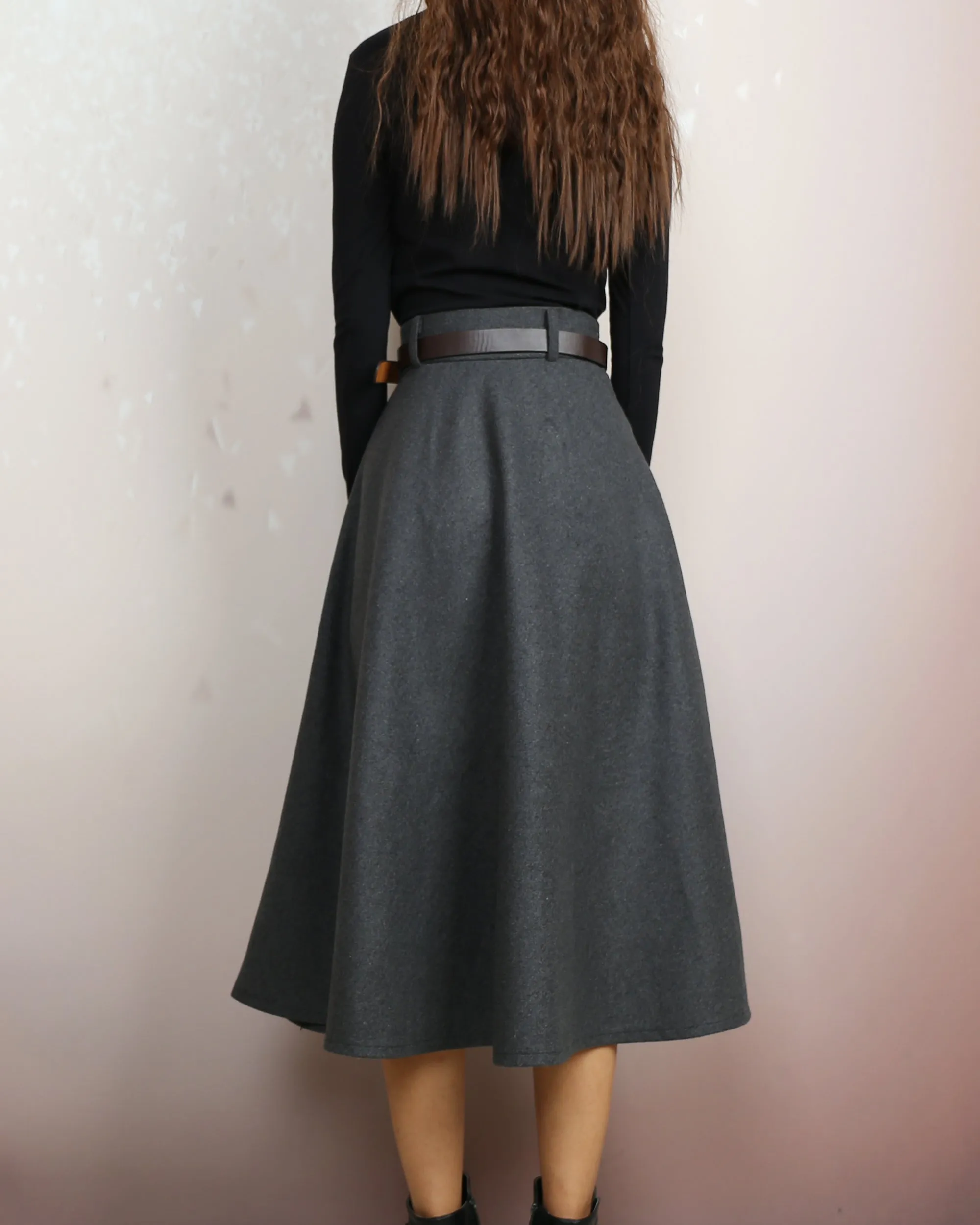 Winter skirt, Wool skirt with belt, custom made skirt, midi skirt, black skirt (Q2143)