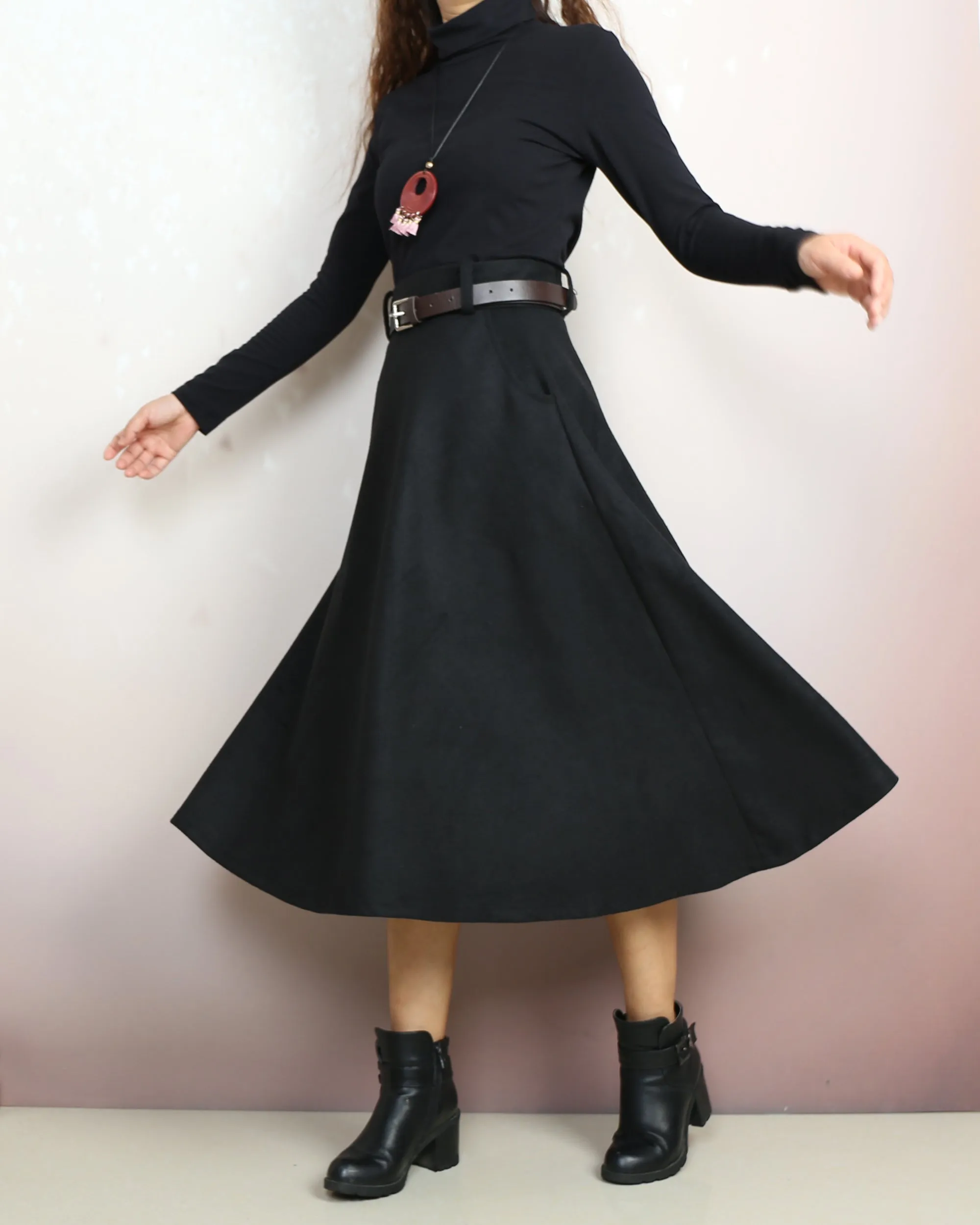 Winter skirt, Wool skirt with belt, custom made skirt, midi skirt, black skirt (Q2143)