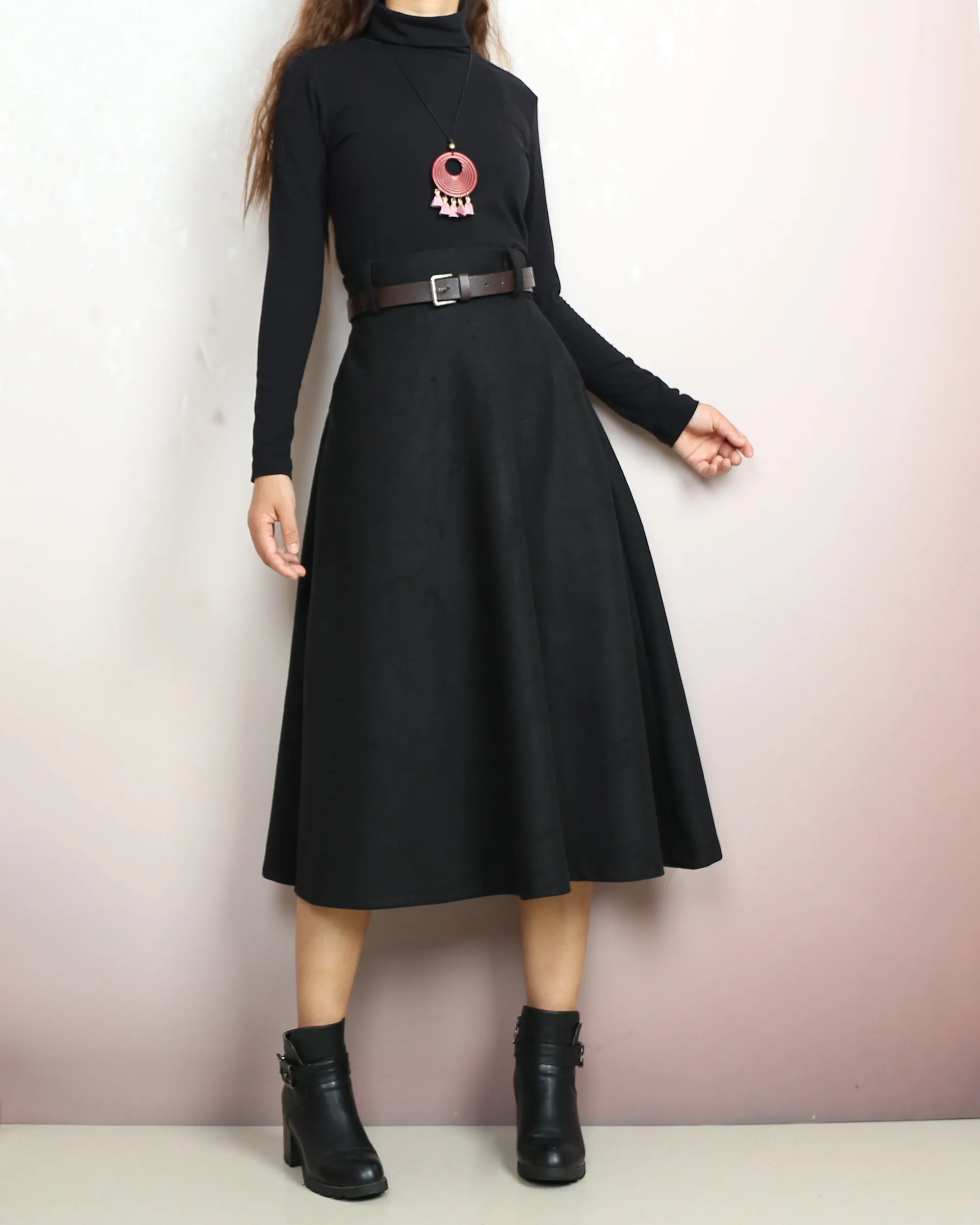 Winter skirt, Wool skirt with belt, custom made skirt, midi skirt, black skirt (Q2143)