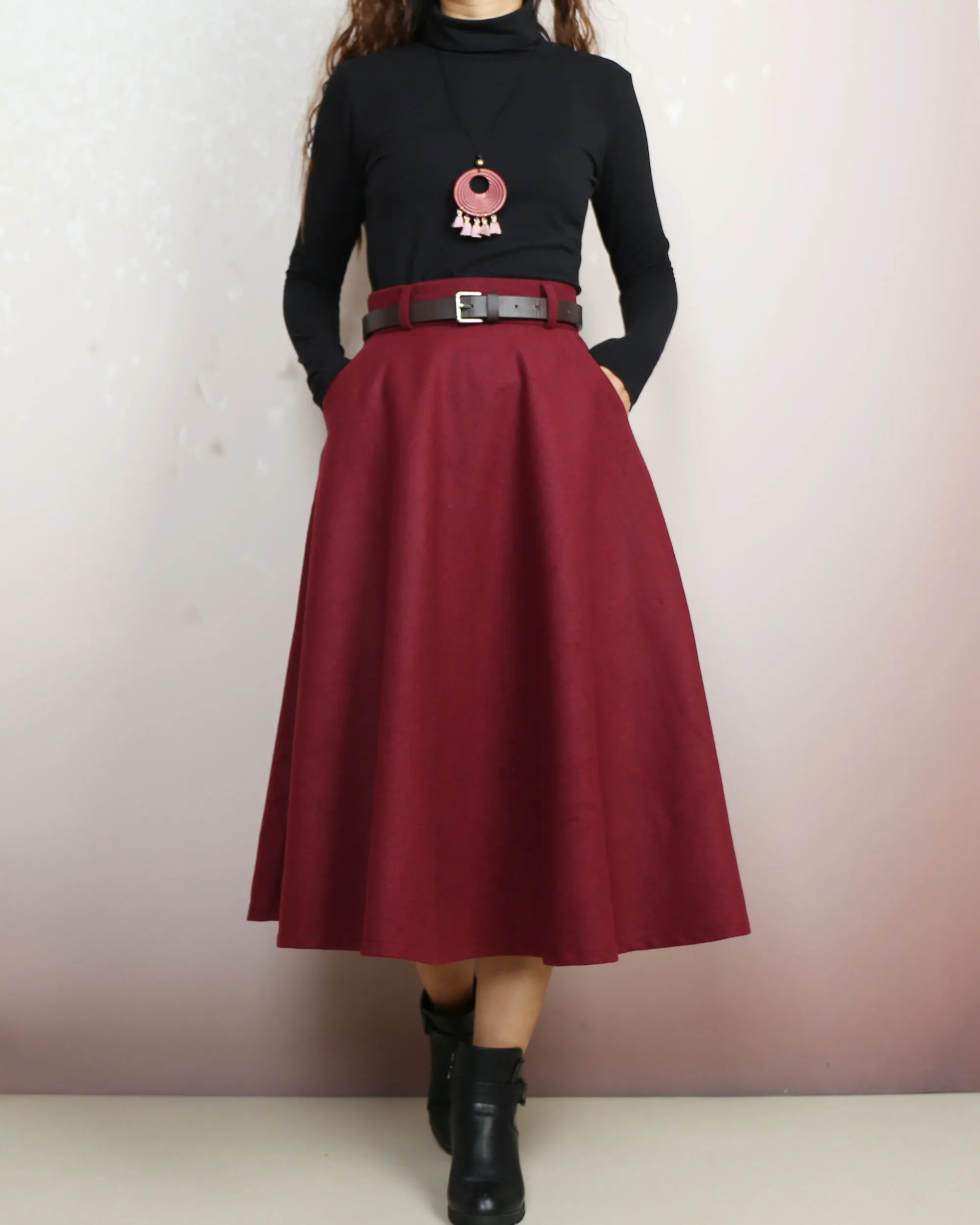 Winter skirt, Wool skirt with belt, custom made skirt, midi skirt, black skirt (Q2143)