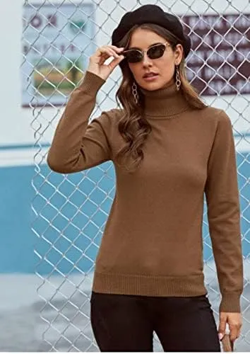 Women Plain Knitwear Turtle Neck Long Sleeves Ribbed Knitted Pullover Tops Winter Sweater