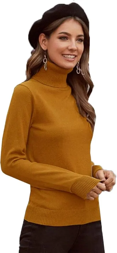 Women Plain Knitwear Turtle Neck Long Sleeves Ribbed Knitted Pullover Tops Winter Sweater