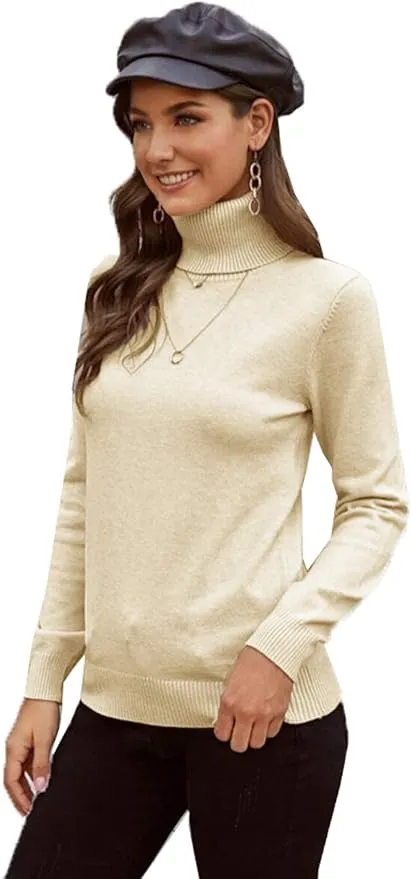 Women Plain Knitwear Turtle Neck Long Sleeves Ribbed Knitted Pullover Tops Winter Sweater