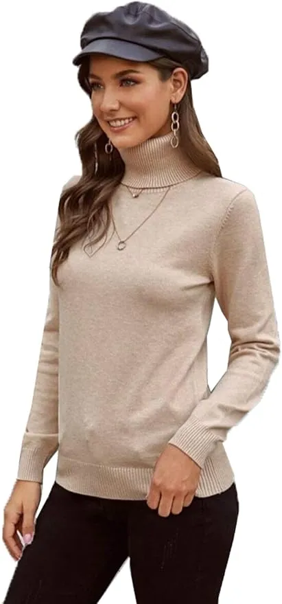 Women Plain Knitwear Turtle Neck Long Sleeves Ribbed Knitted Pullover Tops Winter Sweater