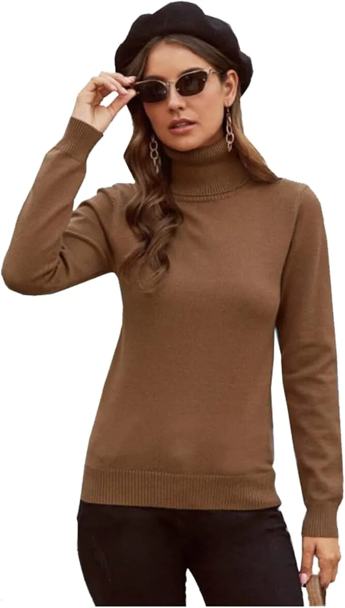 Women Plain Knitwear Turtle Neck Long Sleeves Ribbed Knitted Pullover Tops Winter Sweater