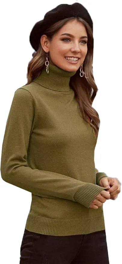 Women Plain Knitwear Turtle Neck Long Sleeves Ribbed Knitted Pullover Tops Winter Sweater