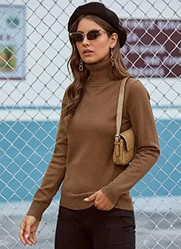 Women Plain Knitwear Turtle Neck Long Sleeves Ribbed Knitted Pullover Tops Winter Sweater