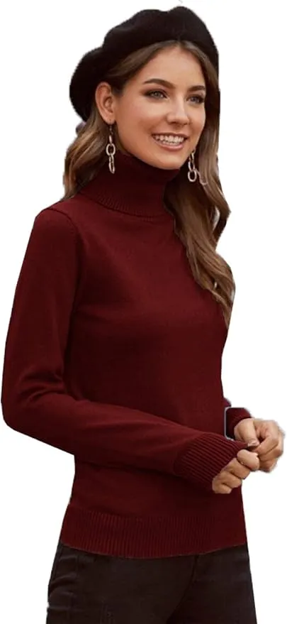 Women Plain Knitwear Turtle Neck Long Sleeves Ribbed Knitted Pullover Tops Winter Sweater