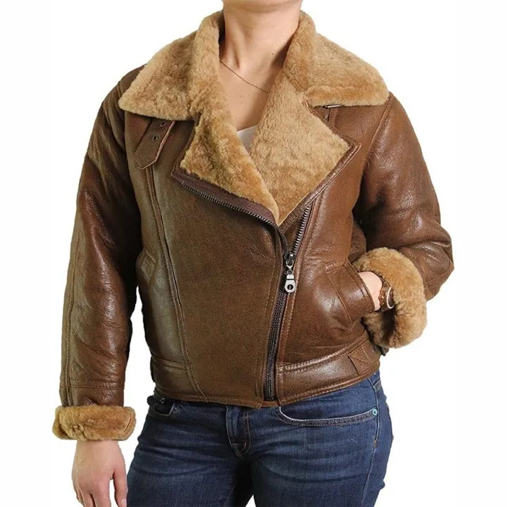 Women's Brown Fur Shearling Flying Bomber Aviator Jacket